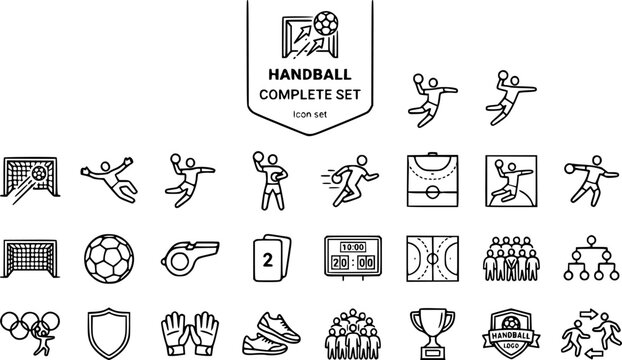 Handball Outline Complete Icon Set with Goal Shot, Goalkeeper Save, 7m Penalty and Fast Break, 25 Icons Editable Vector Line Art