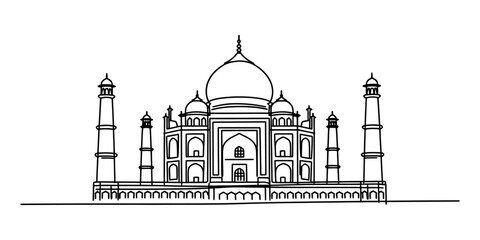 Black and white line drawing illustration of the taj mahal monument building in india with tall towers and a large dome Vector, illustration © Creative_Outline2019