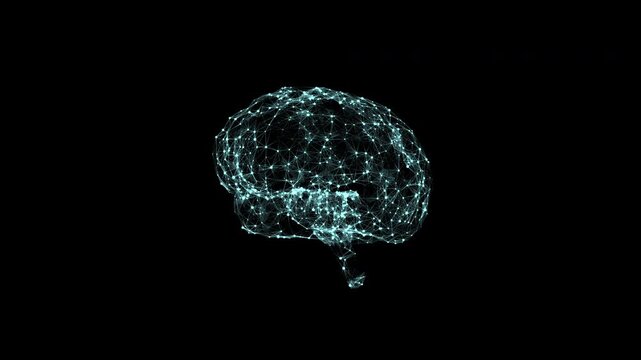 A fast continuous looping 3D animation of a glowing wireframe brain. Representing a neural network, its interconnected nodes pulse with energy against a black backdrop, symbolizing AI and data process