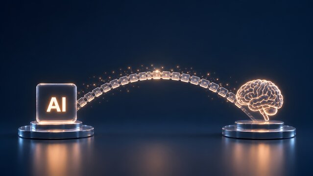 Artificial intelligence connecting with human brain concept featuring glowing data bridge linking AI block and neural mind