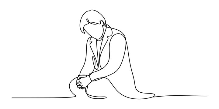 Continuous single line drawing of a man kneeling in prayer or deep thought expressing sadness and emotional reflection Vector, illustration
