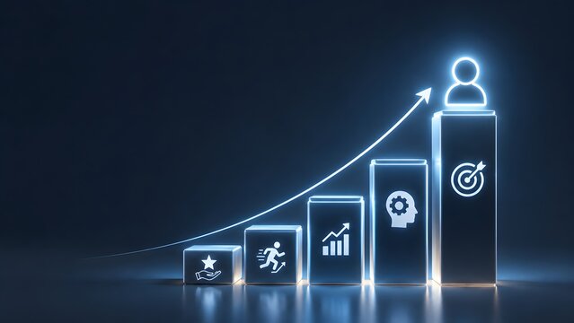 Employee career development and business growth concept with glowing blue ascending chart arrow and human resource icons on dark background