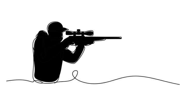 Continuous single line drawing of a hunter holding a rifle with a scope aiming at a target for hunting sport concept Vector, illustration