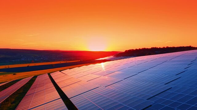 Sunset over solar panels on hillside farmland, wide rows capture warm reflections beside dark field strips.