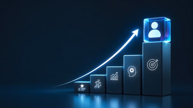Human resource management and career growth concept with glowing ascending arrow and employee profile icon on top of steps