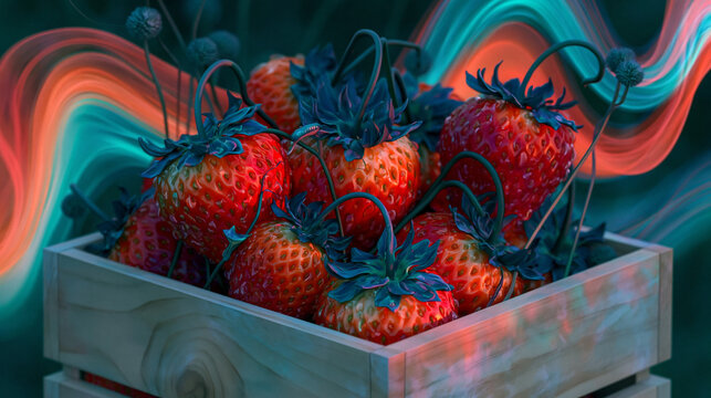 Fresh Strawberries in Wooden Crate with Neon Turquoise Light