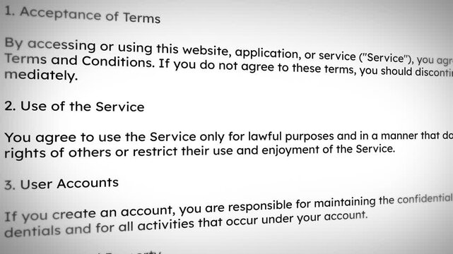 Terms and conditions document showing user accounts, intellectual property service and other typography text, 4k close up animation