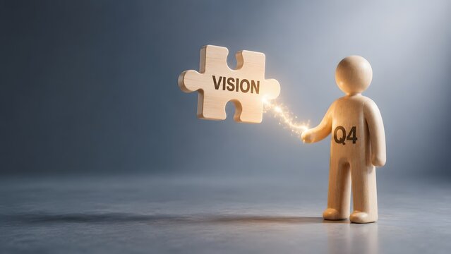 Fourth quarter business vision concept with wooden 3d figure connecting to floating puzzle piece with glowing magic spark
