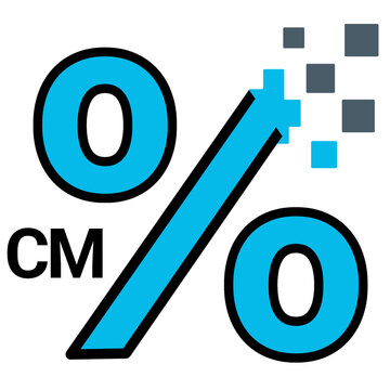 Blue percentage icon with pixel effect and CM text sign