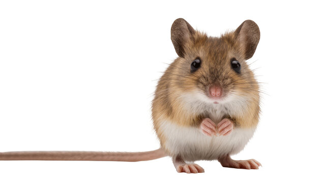 Isolated cute tiny wild mouse with big ears, expressive eyes, and paws held together facing front