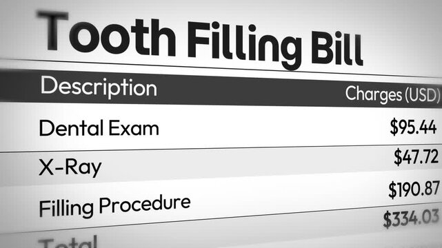 Tooth filling procedure cost breakdown illustration with exam, and x-ray cost in 4k animation