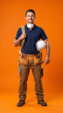 Opcional en ingl&eacute;s para mayor alcance: Smiling construction worker with tools, hard hat and rope on orange background