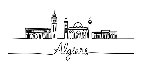 Obraz premium Algiers city skyline continuous line drawing with hand written text label in black ink style for travel posters and tourism Vector, illustration