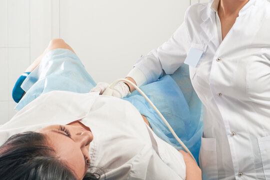 Gynecologist doing ultrasound scanning for pregnant woman
