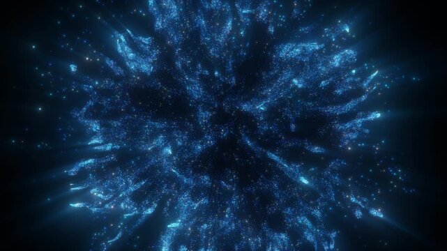 4K Blue Particle Explosion Background Animation, Glowing Energy Burst with Sparkling Light Rays on Black for Motion Graphics, Overlays and Intros. 3d Shockwave effect. Technology web header.