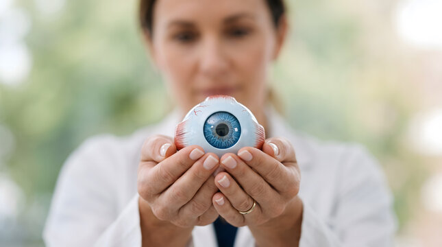 Female doctor in white coat holding large anatomical eyeball model with both hands forward