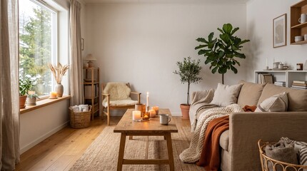 Fototapeta premium Cozy living room with candles and blankets on a winter day