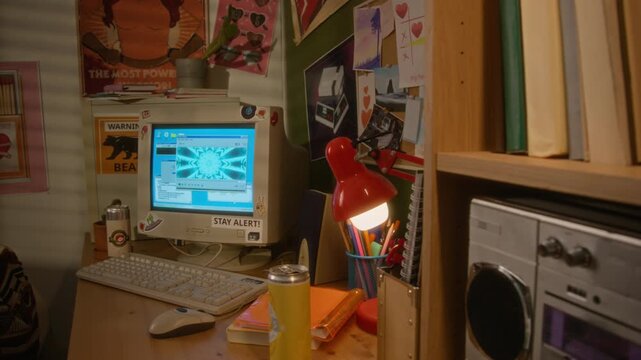 Retro computer desk setup revealed by camera panning out, showing vintage CRT monitor, boombox, and textbooks. Serving as visual for nostalgia marketing or educational content on early digital era