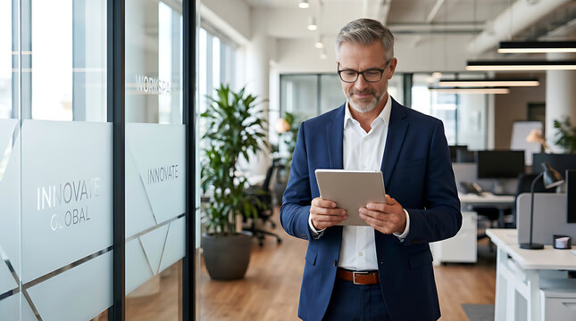 Mature Business Executive Using Digital Tablet in Modern Office Workspace with Professional Corporate Leadership and Technology