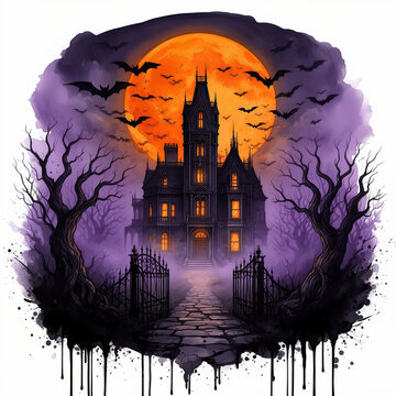 casa, terror, murcielagos, morado, castillo, halloween, vector, noche, silueta, ilustraci&oacute;n, castillo, &aacute;rbol, luna, vacaciones, arte, grunge, designio, bate, horror, dibujos animados, casa, alarmante,