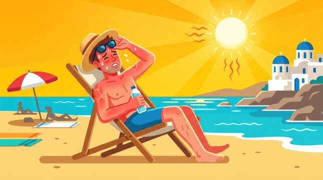 A sunburnt man sitting on a beach chair with a straw hat and sunglasses, sweating and fanning himself under the hot sun, with a Greek village in the background