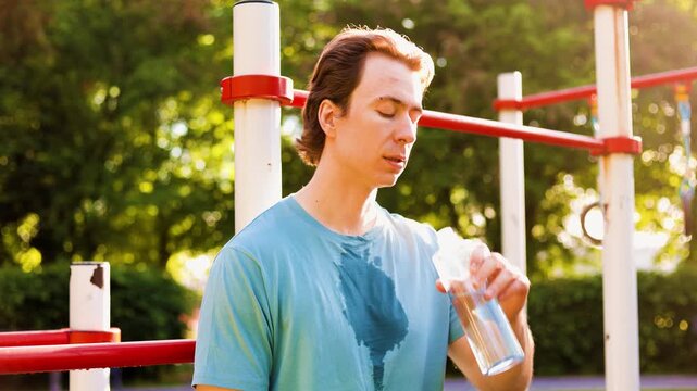 tired man rests after an outdoor fitness workout in a sunny park. He wipes sweat with a towel and drinks water from a bottle for refreshing hydration and recovery. High quality 4k footage