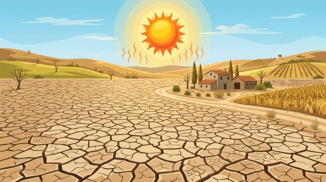 Dry Landscape with Cracked Soil and Dried River Caused by Extreme Heatwave and High Temperature Showing Climate Change and Drought Crisis