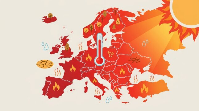 Heatwave in Europe Map Illustration Showing Extreme Temperature Zones Across Germany France and Spain with Climate Change Concept Infographic
