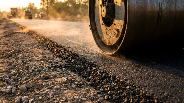 A heavy road roller compactor works on laying fresh asphalt during golden hour sunset on new highway pavement.