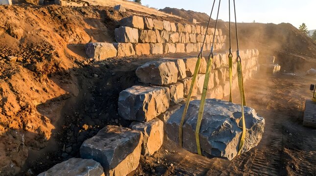 Large stone lifted by heavy machinery to build a tiered retaining wall at a construction site in warm sunlight