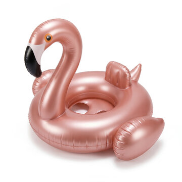 Rose Gold Inflatable Flamingo Swim Ring Isolated on White Background. Rose Water Donut. Toroid-Shaped Water Toys Swimming Tube. Pink Baby  Pool Float Raft. Rubber Lifebuoy Air Mattresses