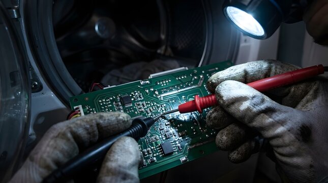 Technician hands in gloves using multimeter probes to test circuit board of washing machine with bright light.
