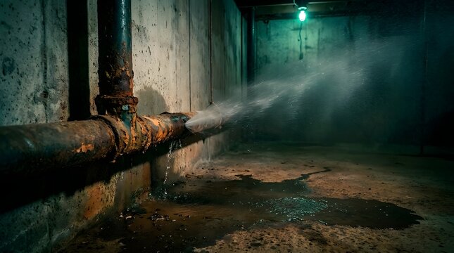 Water sprays from a burst rusty metal pipe in a dark basement with eerie green light and puddles on floor now.