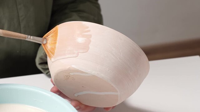 Artisan glazing a bisque ceramic bowl with a wide studio paintbrush. Artist applying thick glaze to a handmade clay bowl for an artistic finish 4k video