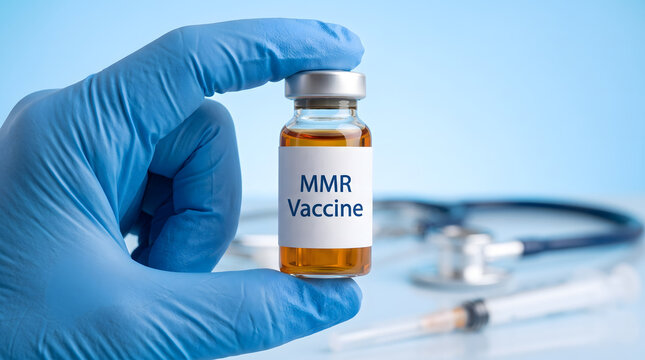 Doctor hand in blue glove holding MMR vaccine glass vial with stethoscope
