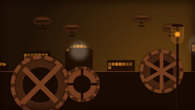 Abstract 2D Animation Featuring Rotating Gears and Glowing Light Orbs in a Dark Industrial Setting.