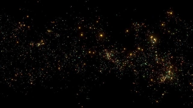 4K Golden particles and sparkles. Christmas gold glitters. Bokeh lights. 3D glowing dust trail. Logo revealer. Intro animation. Isolated on black.