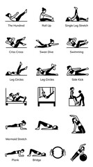 Obraz premium Pilates Exercises Icons Set: Core Strength, Flexibility, and Body Control Poses