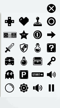 Pixel Art Retro Video Game Icons Set: Joystick, Heart, Chest, Key, Ghost, Star