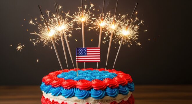Red white and blue cake with sparklers and flag.