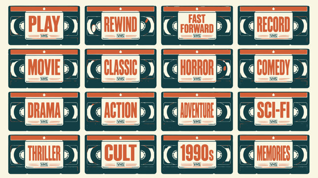 Vintage video cassette tape labels with movie genres.