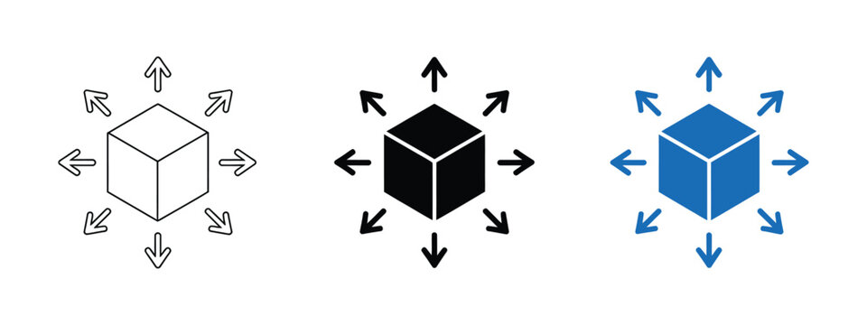 Product distribution icon representing logistics and supply flow cube with arrows for transportation warehouse delivery system vector, design