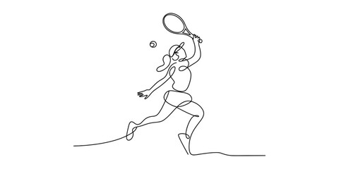 Fototapeta premium Continuous single line drawing of a female tennis player running and hitting a ball with a racket in a sporty motion Vector, illustration