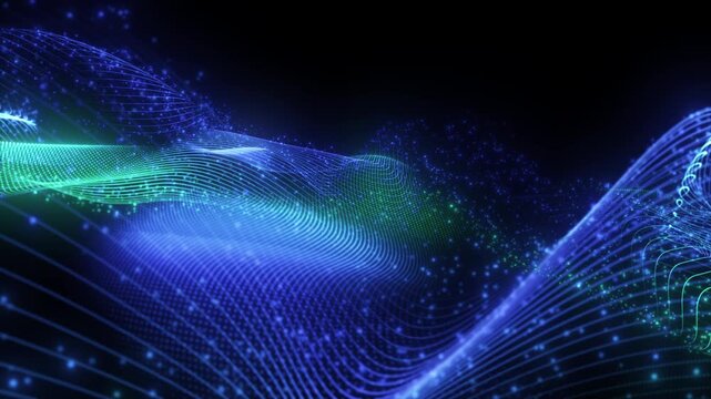 4K Abstract Blue Digital Particle Wave Background Animation, Futuristic Technology Mesh with Glowing Data Flow for Motion Graphics, AI, Science and Business Presentations