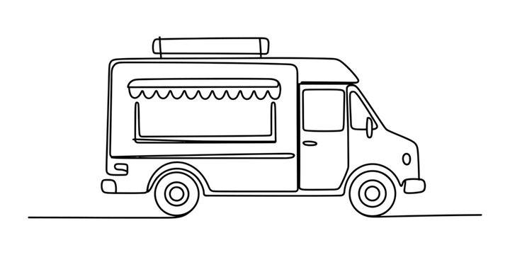 Continuous single line drawing of a food truck van serving street food in a minimalist artistic hand drawn sketch style Vector, illustration