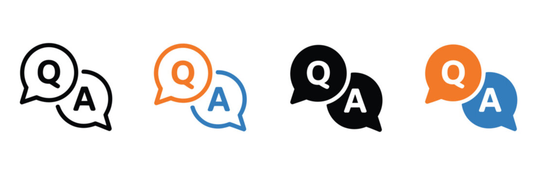 QA icon set showing overlapping speech bubbles with Q and A letters symbol for question and answer dialog support help center messaging vector, design