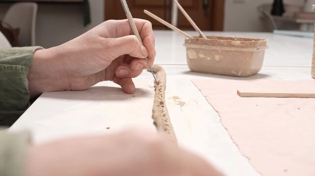 4k video of an artisan carving clay texture with a tool. The artist uses a sharp metal tool to incise a repeating decorative pattern into the curved wall of a raw clay vessel for surface design