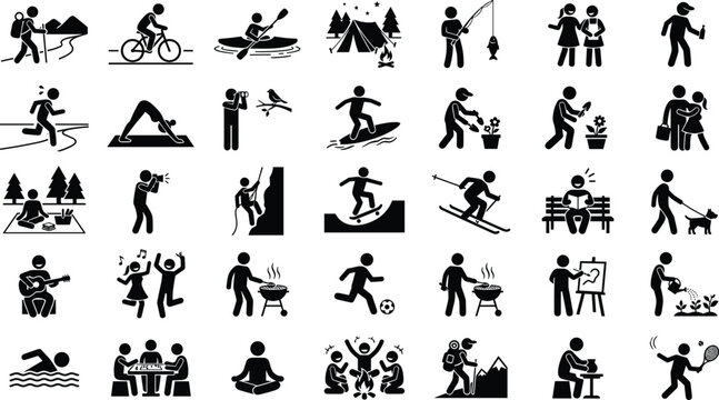 Outdoor recreation and leisure activities icon set, 35 black silhouette pictograms of sports and hobbies, vector collection for lifestyle and wellness