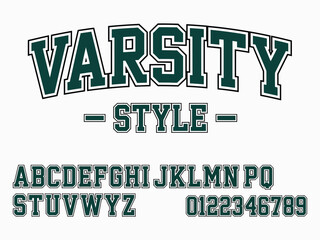 Varsity Font Alphabet Set featuring bold collegiate letters and numbers typography design for sports, team branding, and apparel graphics © SHORIF VTZ