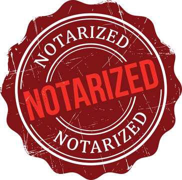 Red distressed round notarized rubber stamp with wavy edge border on white background